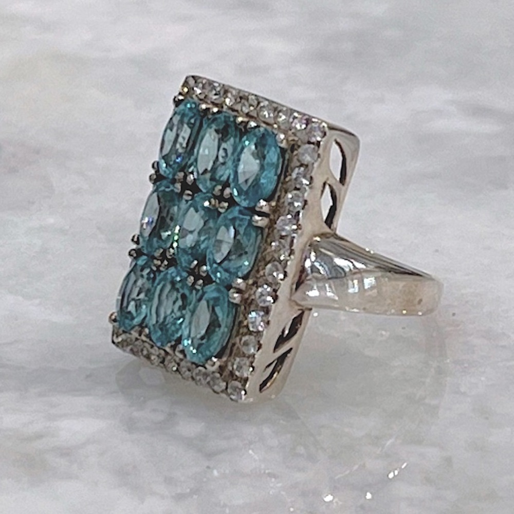 Cambodian Blue Zircon White Zircon Sterling Silver Rectangular Cluster R… - Picture 6 of 14